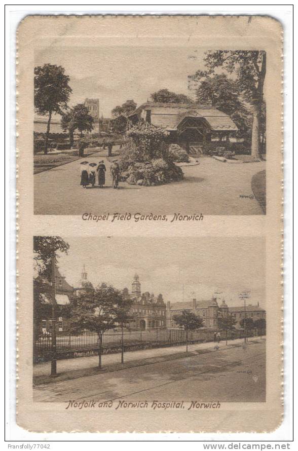 NORWICH ENGLAND  U.K. Double View NORFOLK & NORWICH HOSPITAL Chapel Field GARDEN 1920 - Norwich