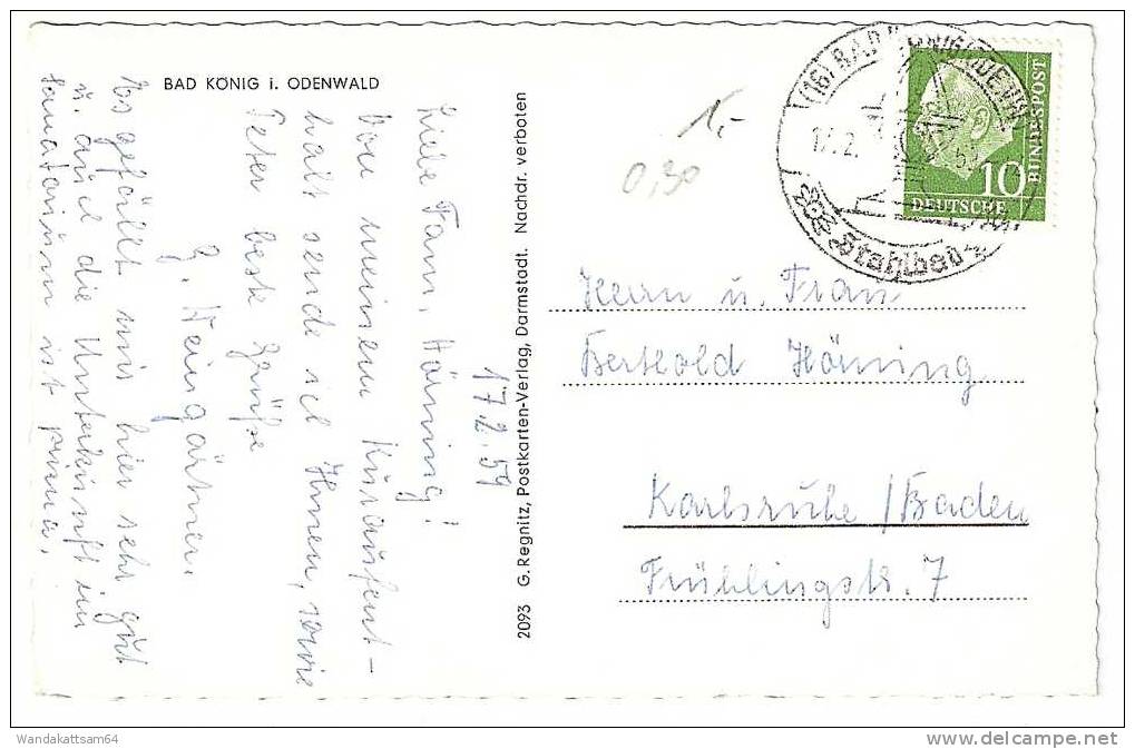 AK 2093 Bad König I. ODENW 17.2.59-12 (16) BAD KÖNIG (ODENW.) Stahlbad Nach Karlsruhe Mit 10 Pf 1. Bundespräsident Heuss - Bad König