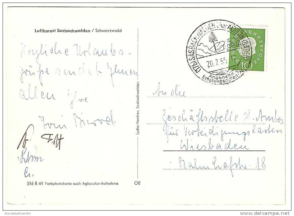 AK 516R44 OE Luftkurort Sasbachwalden / Schwarzwald 20.7.59-17 (17b) SASBACHWALDEN Über ACHERN (BADEN) Landpoststempel - Achern