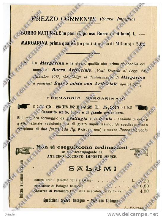 CARTOLINA DOPPIA COMMERCIALE PUBBLICITA A. RONZI CODOGNO LODI MILANO ANNO 1918 - Lodi