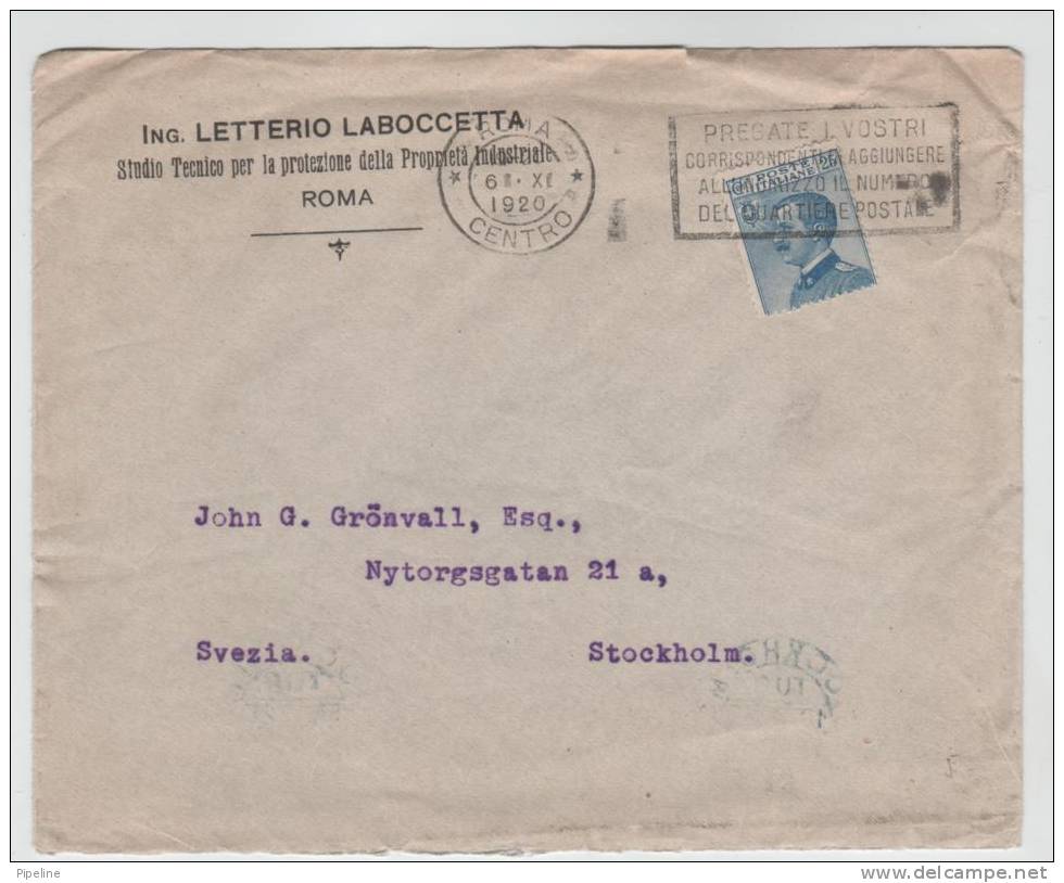 Italy Cover Sent To Sweden ROMA 6-11-1920 - Oblitérés