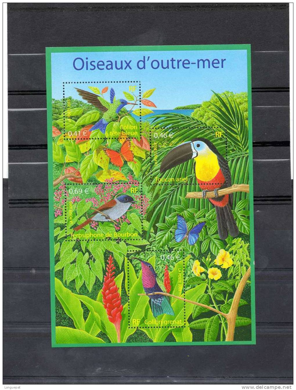 FRANCE :  Nature De France : Oiseaux D´Outre-Mer (Toucan Ariel, Terpsiphone, Colibri à Tête Bleue, Colibri Grenat, - Pappagalli & Tropicali