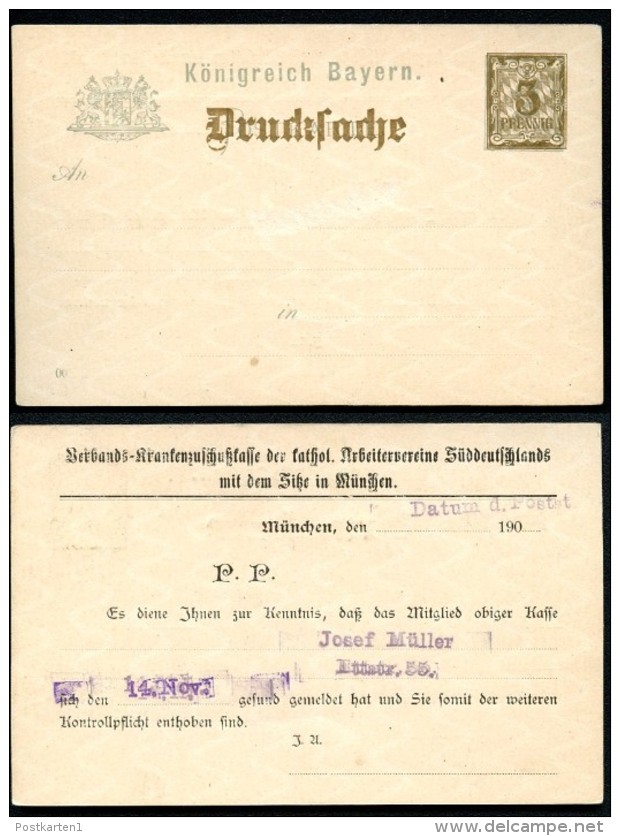 BAYERN PZD1/01 Postkarte KRANKENZUSCHUSSKASSE München 1906 Kat. 14,00 € - Entiers Postaux