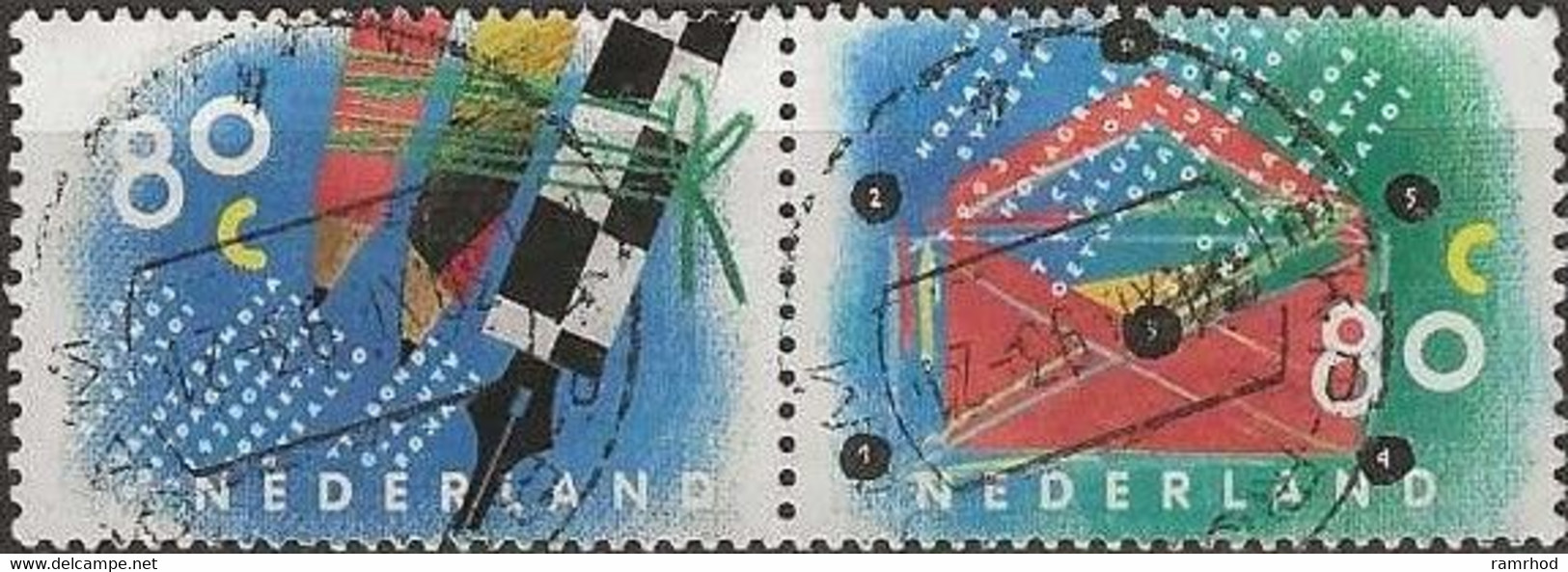 NETHERLANDS 1993 Letter Writing Campaign - 80c X 2 Envelope & Pen & Pencils FU PAIR - Used Stamps