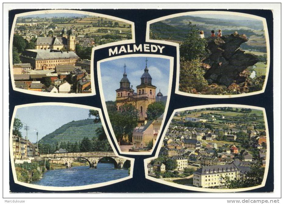 Malmedy. Bonjour. Aandenken. 5 Vues: Panorama, église, Pont. 5 Zichten: Kerk, Brug. - Malmedy