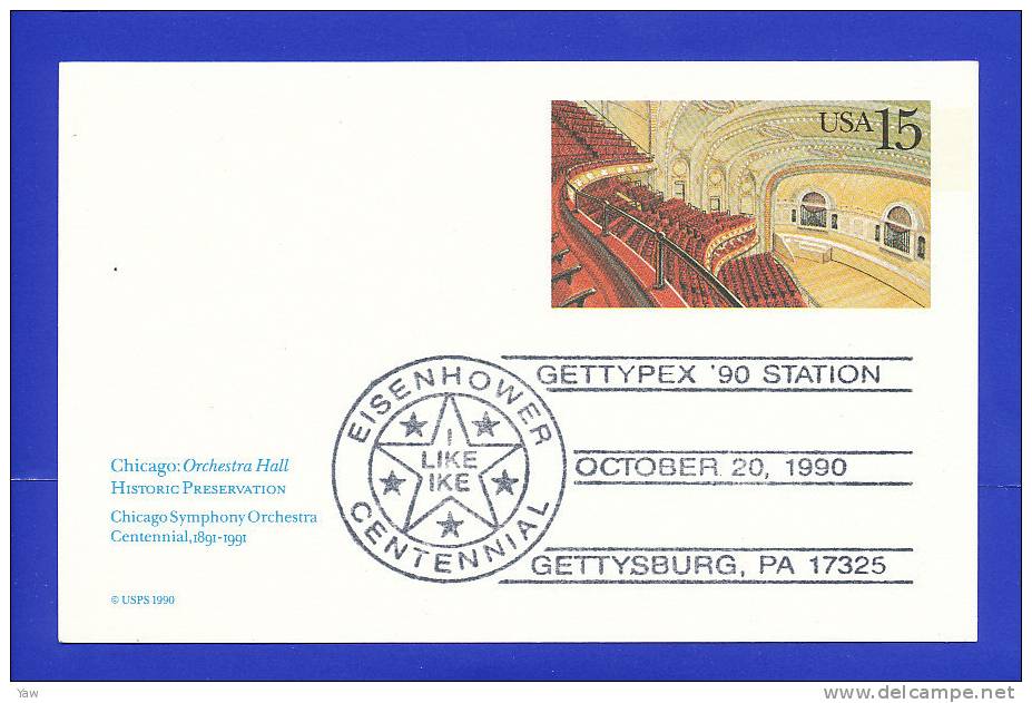 USA  1990 POSTAL CARD EISENHOWER CENTENNIAL 1890 - 1990. Special Cancellation GETTYSBURG PA OCT 20, 1990 - 1981-00