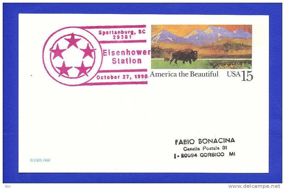 USA  1990 POSTAL CARD EISENHOWER CENTENNIAL 1890 - 1990. Special Cancellation SPARTANBURG SC OCT 27, 1990 - 1981-00