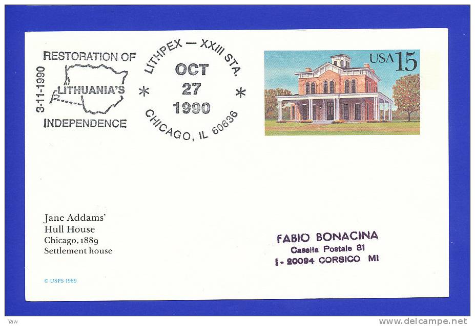 USA  1990 POSTAL CARD RESTORATION LITHUANIA´S INDEPENDENCE. Special Cancellation CHICAGO IL OCT 27, 1990 - 1981-00