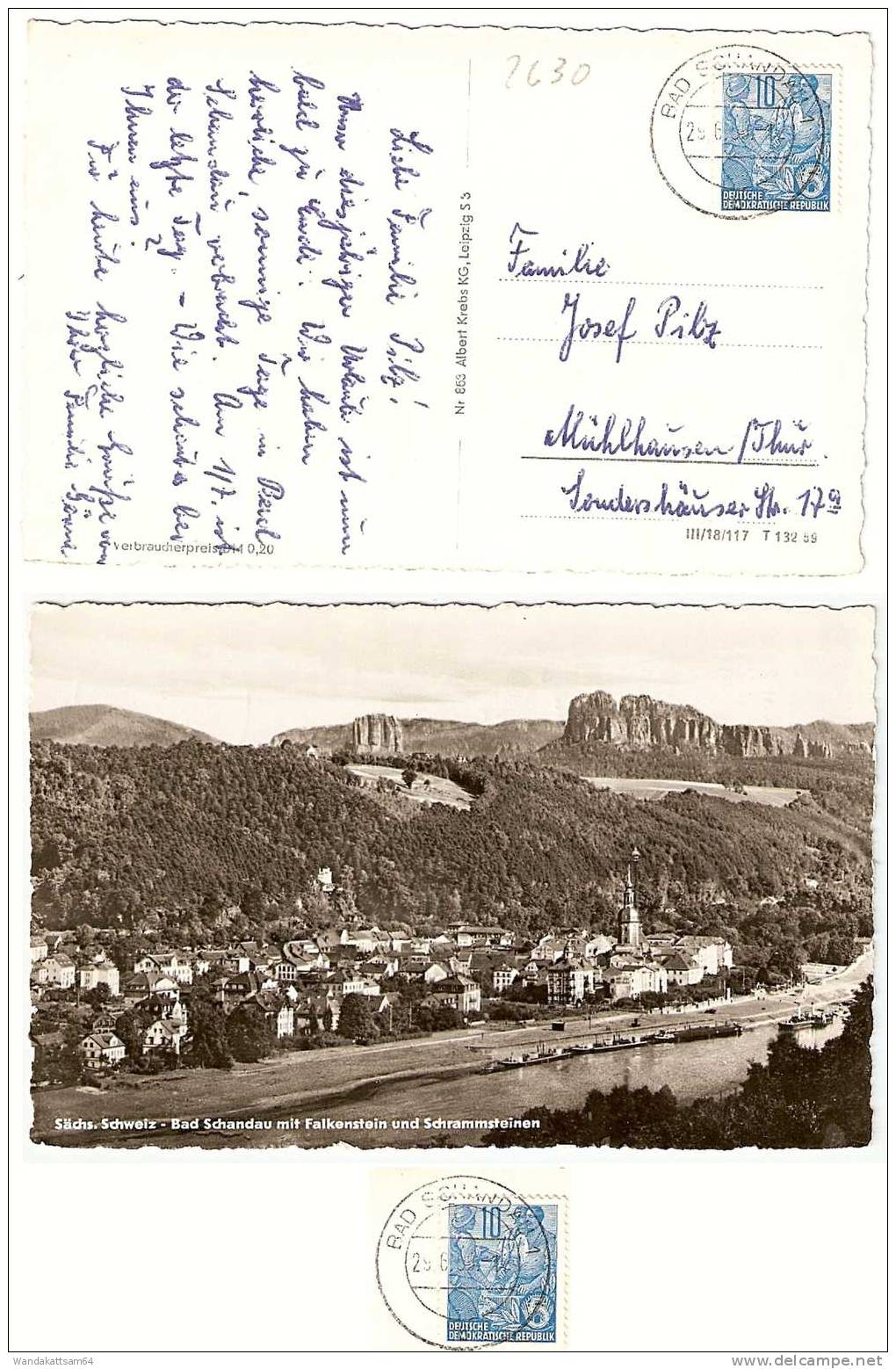 AK Sächs. Schweiz Bad Schandau Mit Falkenstein U Schrammensteinen 29.6.59-12 BAD SCHANDAU 1 Nach Mühlhausen / Thüringen - Bad Schandau