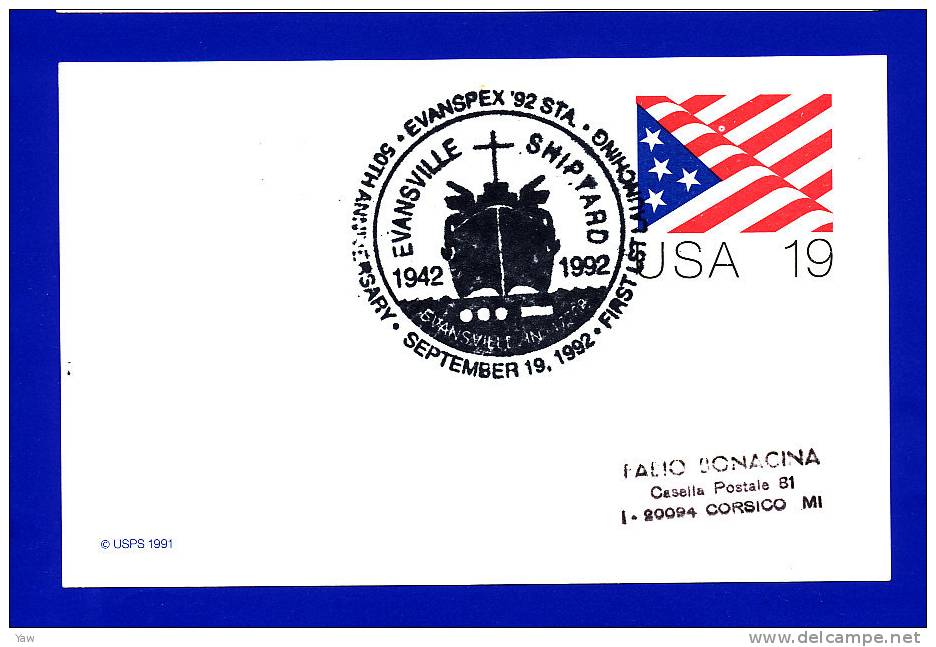 USA  1992 POSTAL CARD, 50th ANNIV. EVANSVILLE SHIPYARD, FIRST LAUNCHING. Special Cancellation EVANSPEX 92, SEP. 19, 1992 - Maritime