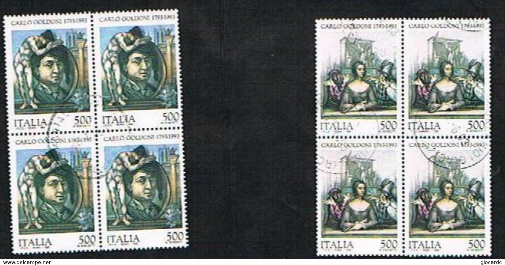 ITALIA  REPUBBLICA - CAT.UNIF.2071.2072 '- 1993 CARLO GOLDONI IN QUARTINA USATA (°) - Blocks & Sheetlets