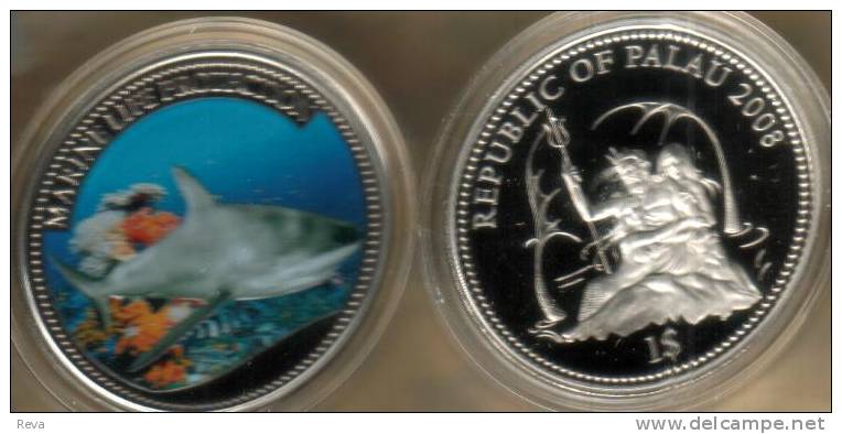 PALAU  $1 SHARK   MARINE LIFE ANIMAL FRONT COLOURED EMBLEM BACK 2008 PROOF LIKE   READ DESCRIPTION CAREFULLY !!! - Palau