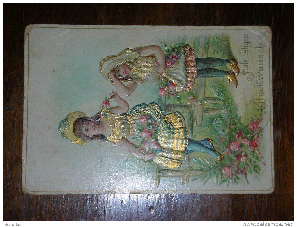 Woman,Girl,Flowers,Dresses,Very Rich Gold And Relief (pressed) Print,vintage - Children