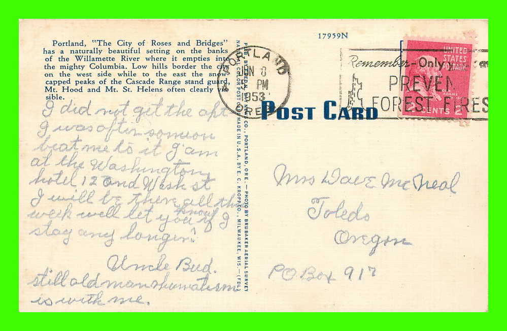 PORTLAND, OREGON - THE CITY OF ROSES AND BRIDGES - WILLAMETTE RIVER - CARD TRAVEL IN 1953 - - Portland