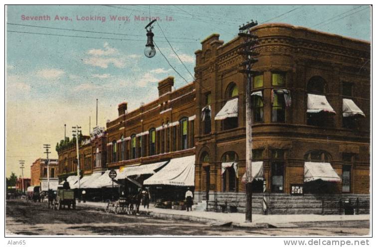 Marion Iowa Seventh Ave Street Scene 1910 Vintage Postcard, Horse-drawn Delivery Wagon, Grocer - Otros & Sin Clasificación
