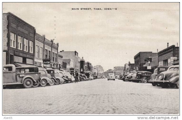 Tama Iowa Main Street Scene With Autos Business Signs, Bicycle, On C1930s/40s Vintage Postcard - Sonstige & Ohne Zuordnung