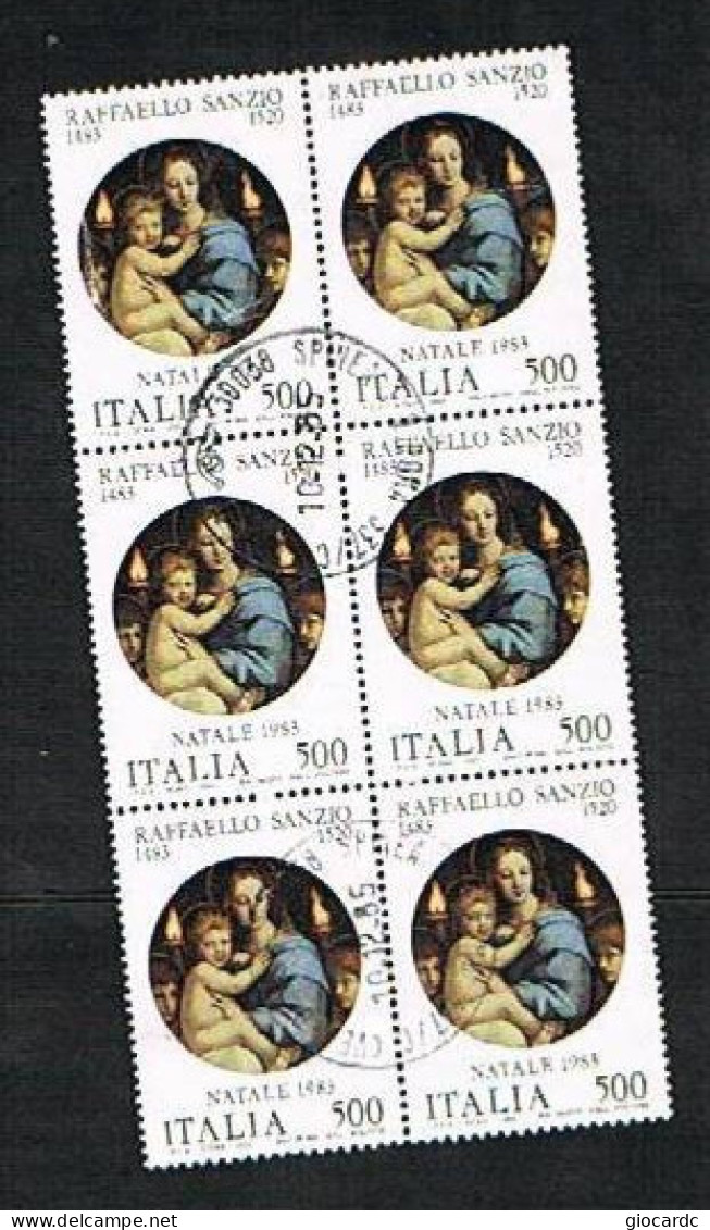 ITALIA  REPUBBLICA - CAT.UNIF.1666 - 1983 NATALE - NASCITA RAFFAELLO SANZIO -6 PEZZI DA LIRE 120  IN BLOCCO  USATI (°) - Blocks & Kleinbögen