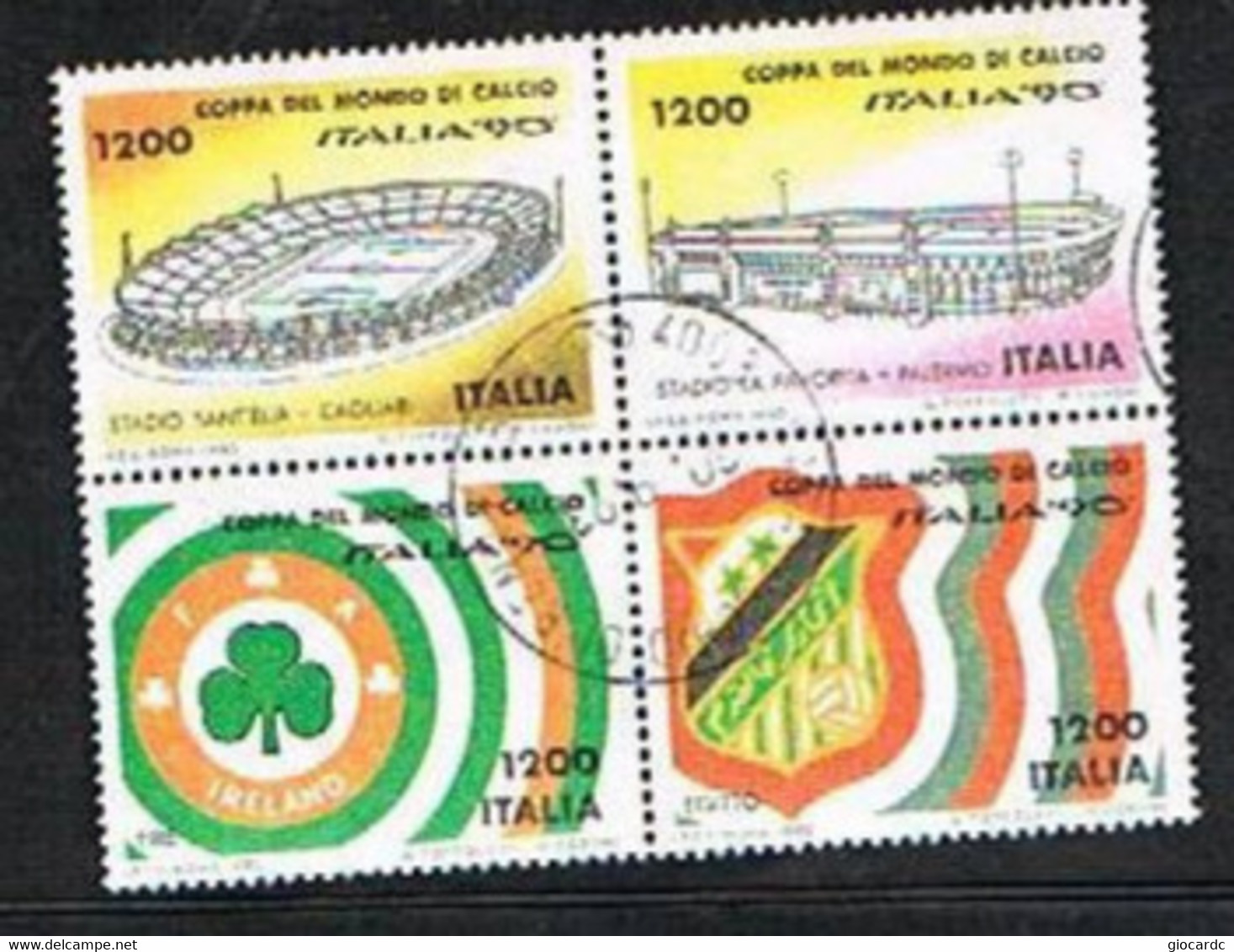 ITALIA  REPUBBLICA - CAT.1940.1943  - 1990 COPPA DEL MONDO DI CALCIO ITALIA 90 - 4 VALORI DA 1200 IN BLOCCO  USATI (°) - Blocks & Kleinbögen