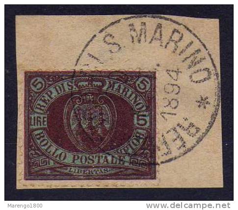 San Marino 1892 - L. 5 Su Frammento   (g349a) - Usados