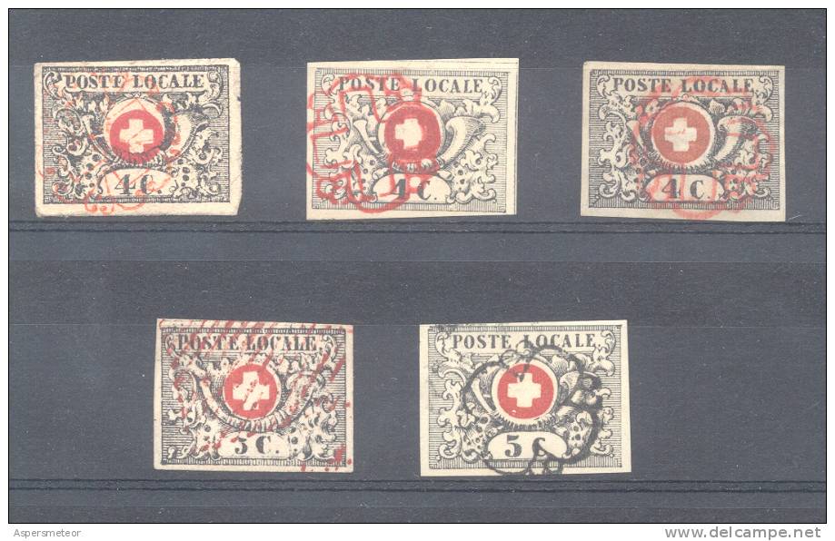 SUISSE GENEVE POSTES LOCALES ET CANTONNALES AÑOS 1849-50 5 TIMBRES FALSCH FALKST FALSOS - SOLD AS IS - 1843-1852 Timbres Cantonaux Et  Fédéraux