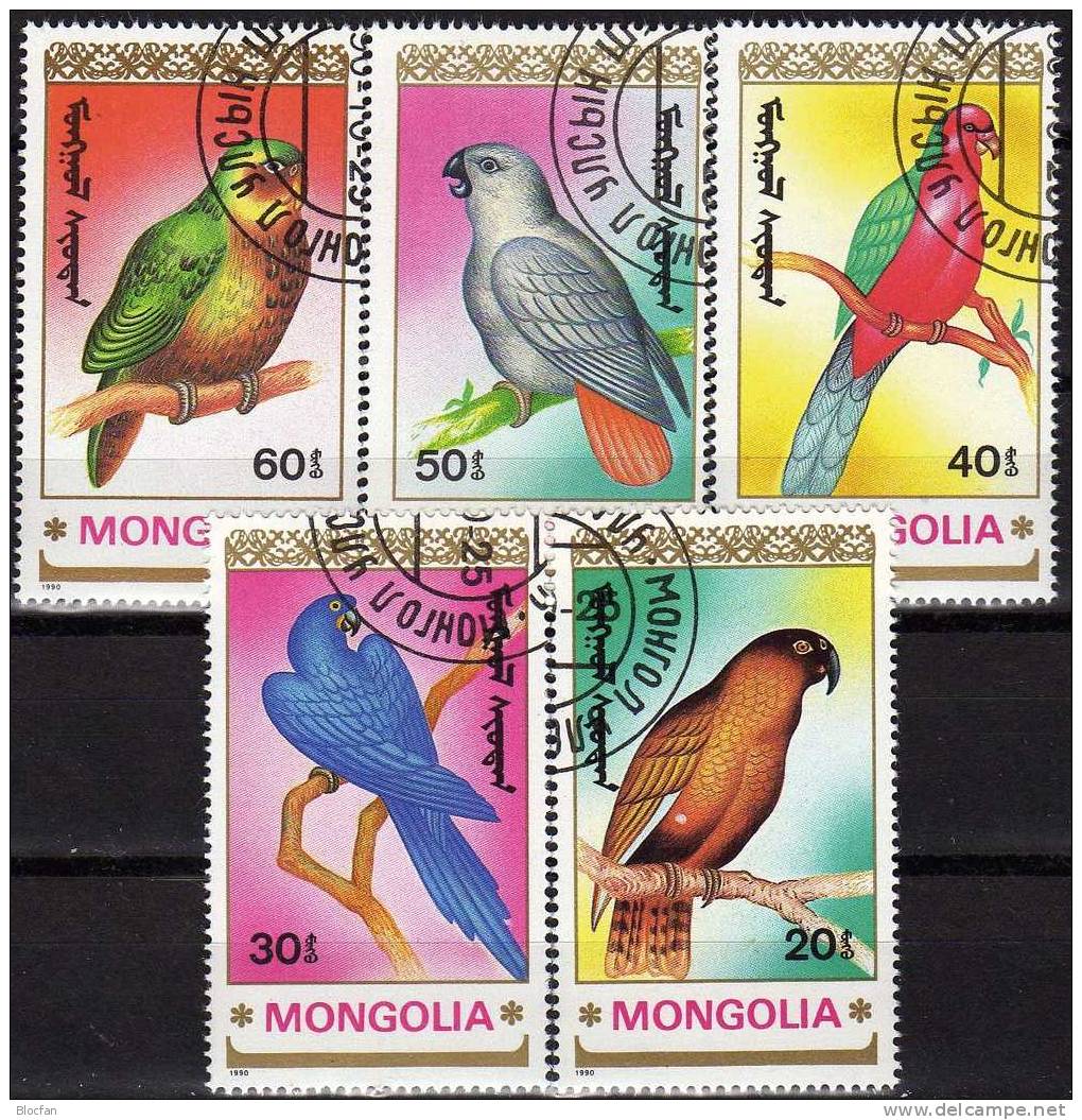 WWF 1990 Papageien Mongolei 2182-86 O 2€ Vögel Sittich Kea Nestor Grau-Papagei Naturschutz Set Exotic Birds Of MONGOLIA - Mongolei