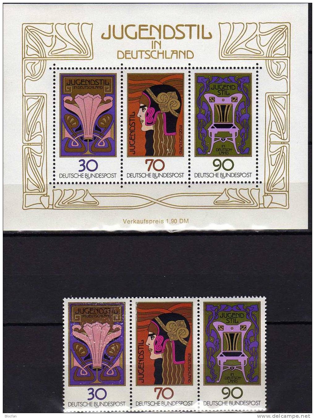 Jugendstil-Malerei 1977 BUND 923/5,ZD+Block 14 ** 8€ Ornamente Blumen Athena Stuhl Bloc Ms History Sheets Bf BRD/Germany - Impresionismo