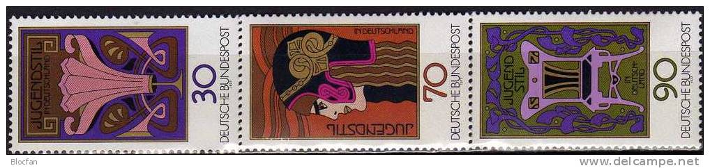 Jugendstil-Malerei 1977 BUND 923/5,ZD+Block 14 ** 8€ Ornamente Blumen Athena Stuhl Bloc Ms History Sheets Bf BRD/Germany - Impresionismo