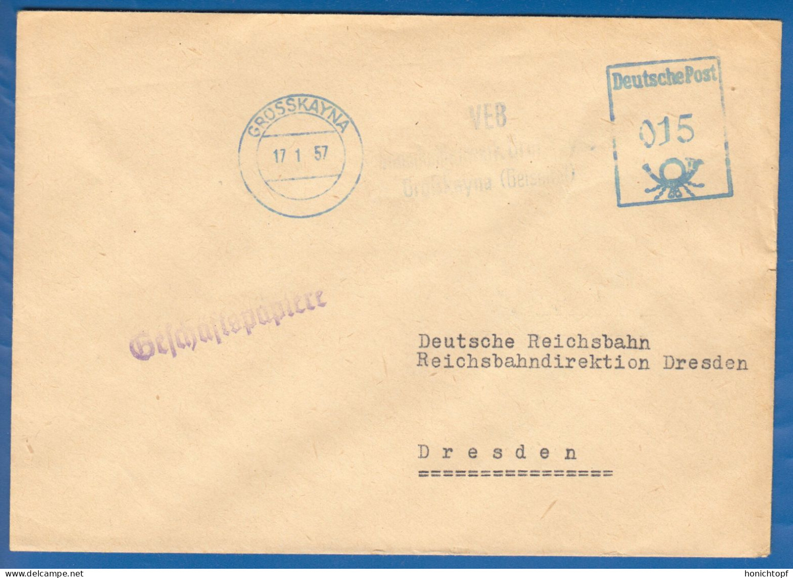 Deutschland; DDR; 1957; Maschinen - Freistempel Grosskayna; Geschäftspapiere - Máquinas Franqueo (EMA)