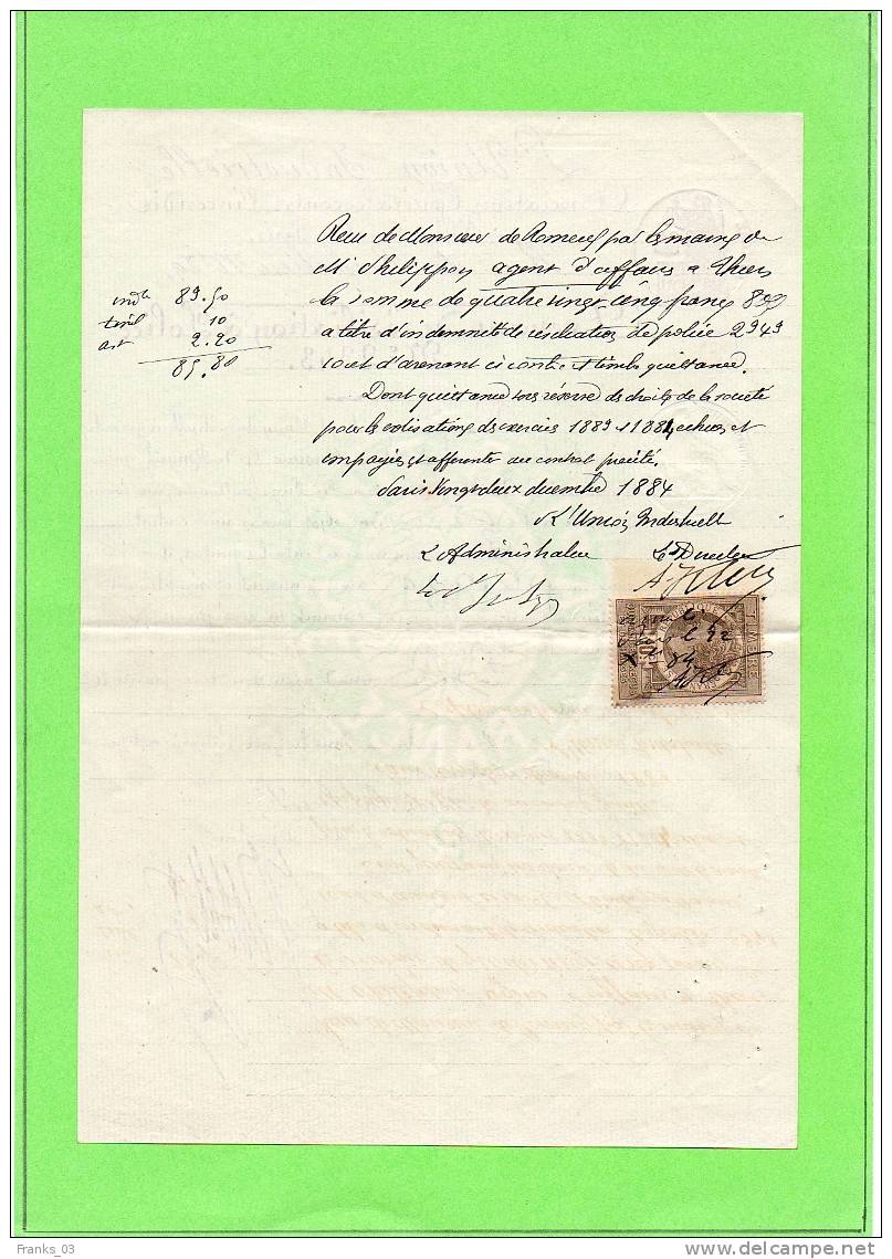 Avenant De Résiliation Assurance Union Industrielle Année 1884 - Banque & Assurance