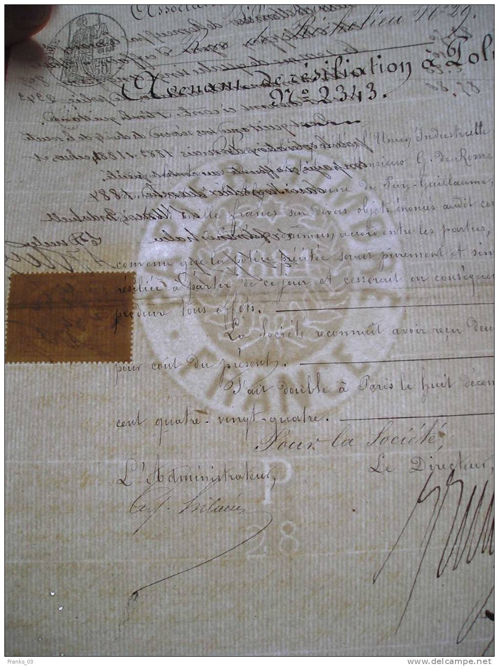 Avenant De Résiliation Assurance Union Industrielle Année 1884 - Bank & Insurance