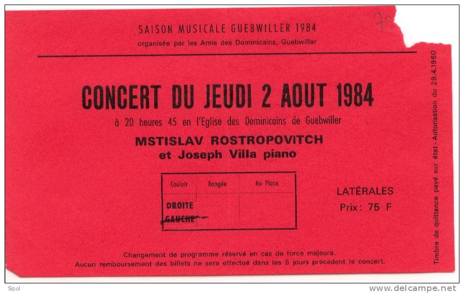 M. Rostropovitch à L église Des Dominicains De Guebwiller  - Ticket De Concert Du Jeudi 2 Aout 1984 - Itch - Concert Tickets