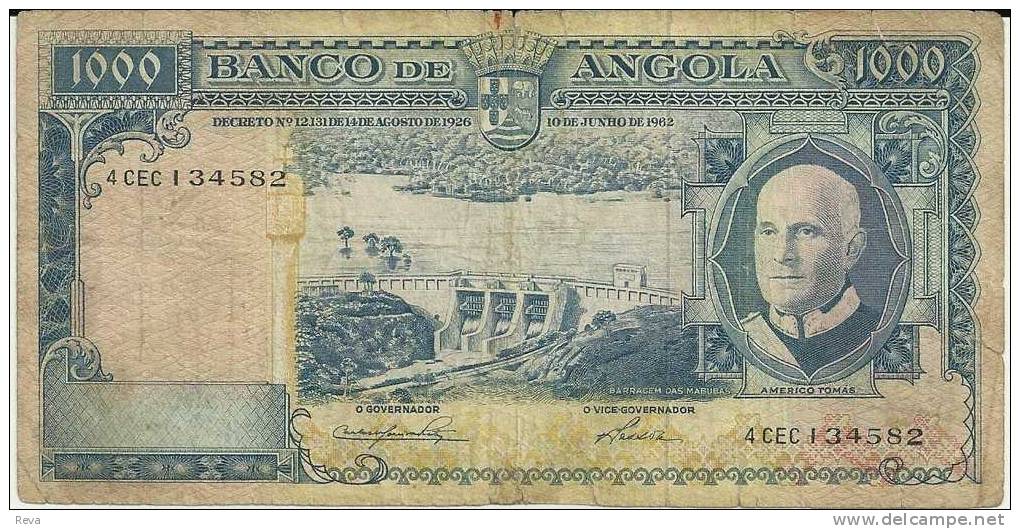 ANGOLA PORTUGUESE 1000 ESCUDOS BLUE MAN DAM FRONT ANIMAL BACK  DATED 10-06-1962 SIGN4 P.96 READ DESCRIPTION CAREFULLY !! - Angola