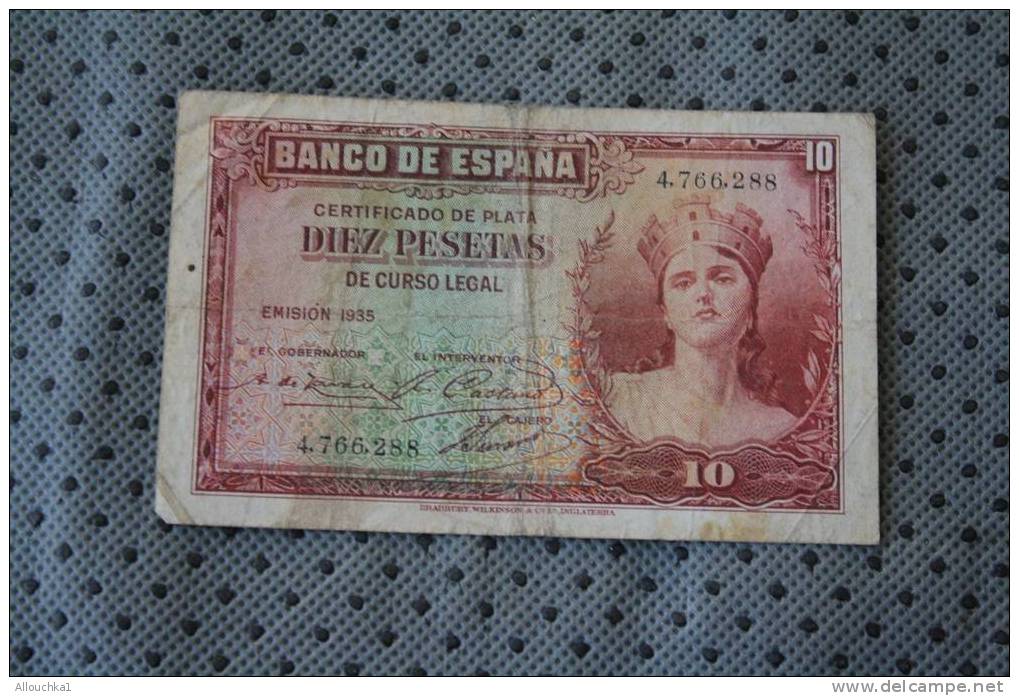 BILLET DE BANQUE DE LA BANK  BANCO DE REPUBLIQUE ESPANA  ESPAGNE  DIEZ PESETAS 1935 - Altri & Non Classificati