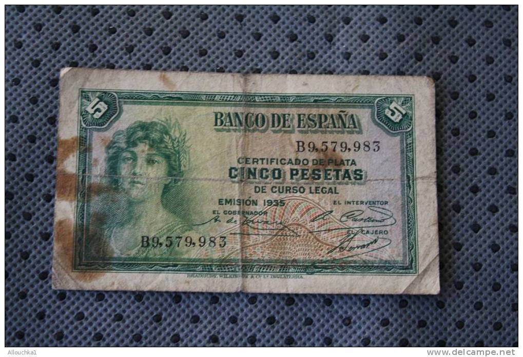 BILLET DE BANQUE DE LA BANK  BANCO DE REPUBLIQUE ESPANA  ESPAGNE  DE 5  PESETAS 1935 - 5 Pesetas