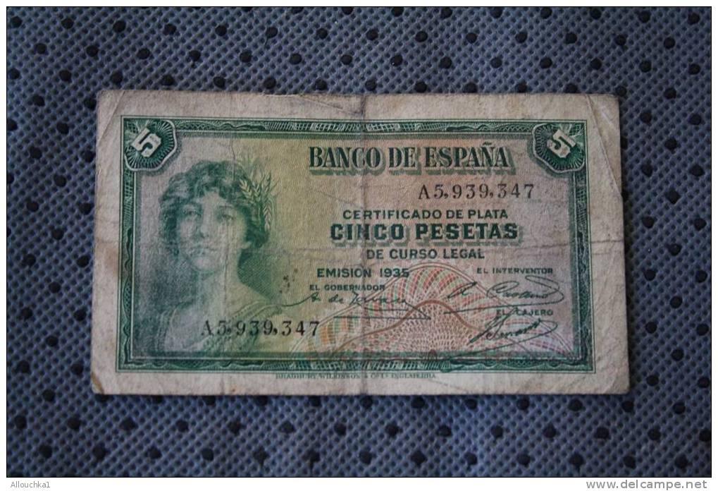 BILLET DE BANQUE DE LA BANK  BANCO DE REPUBLIQUE ESPANA  ESPAGNE  DE 5  PESETAS 1935 - 5 Peseten