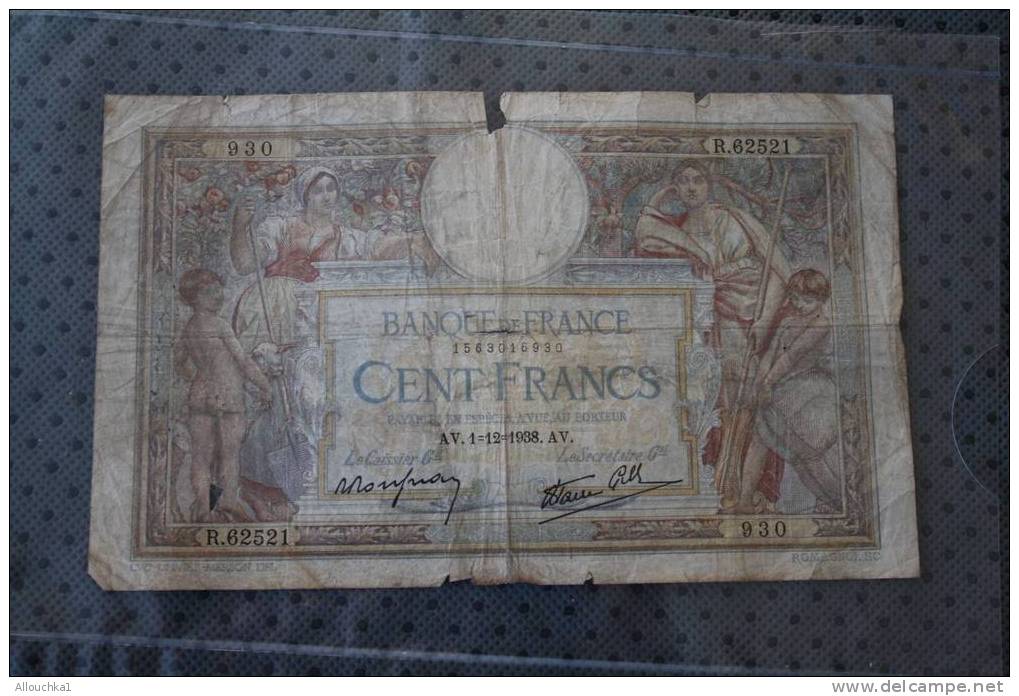 BILLET DE BANQUE DE LA BANK  BANCA DE FRANCE 100 ANCIENS FRANCS LUC OLIVIER MERSON 1938 - 100 F 1908-1939 ''Luc Olivier Merson''