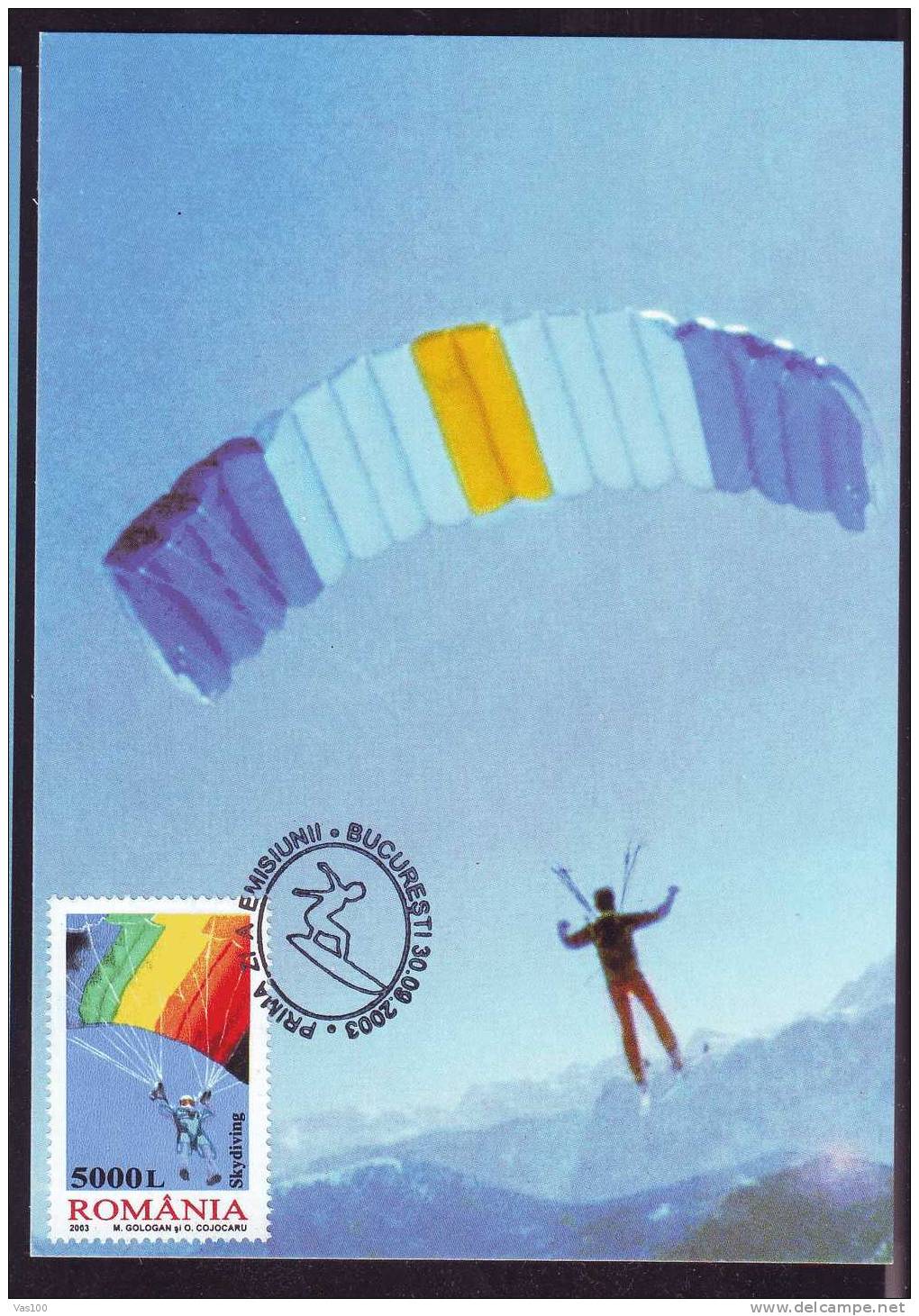 Sky Diving Maxicard 2003 Cancell FDC - Romania. - Tauchen