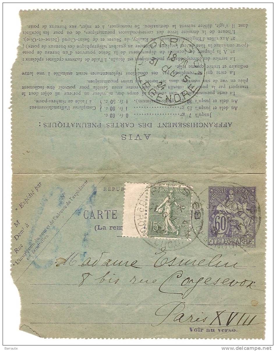 Carte Pneumatique De 1924 Cachet Manuel "PARIS 61 LEGENDRE" Entier N° 2599+Timbre 130 - Pneumatische Post
