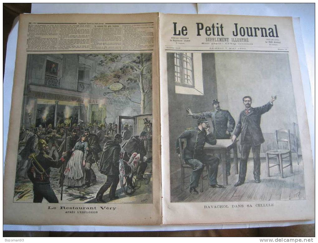 LE PETIT JOURNAL N° 0076 DU 07/05/1892 RAVACHOL DANS SA CELLULE + EXPLOSION AU RESTAURANT VERY - Le Petit Journal