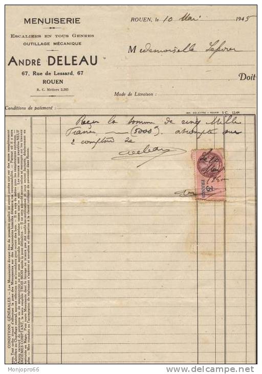 Reçu De Paiement De La Menuiserie ANDRÉ DELEAU De Rouen Et De 1945 - Non Classés