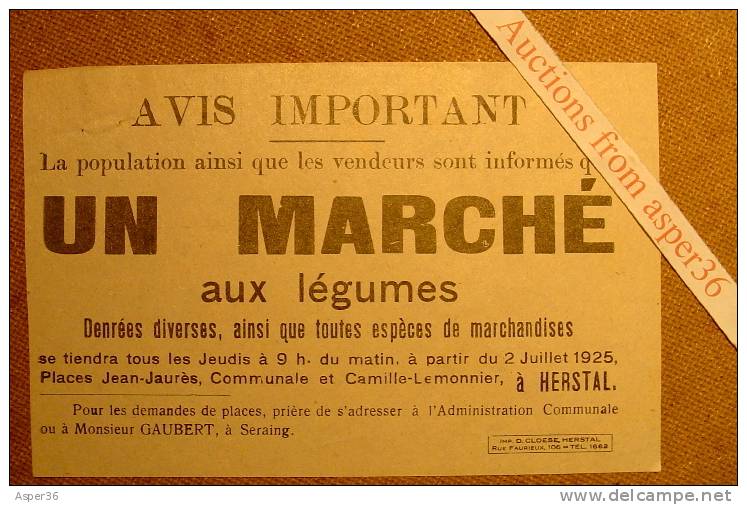 Petit Tract "Avis Important, Marché Aux Légumes, Places Jean-Jaurès & Camille-Lemonnier à Herstal 1925" - Collections