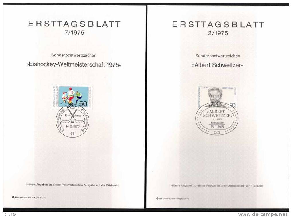 19 ETB ERSTTAGSBLATT FDC DOCUMENT OFFICIEL ALLEMAGNE RFA LES PREMIERS !!! No.1 -19 ALBERT SCHWEITZER HOCKEY - Autres & Non Classés