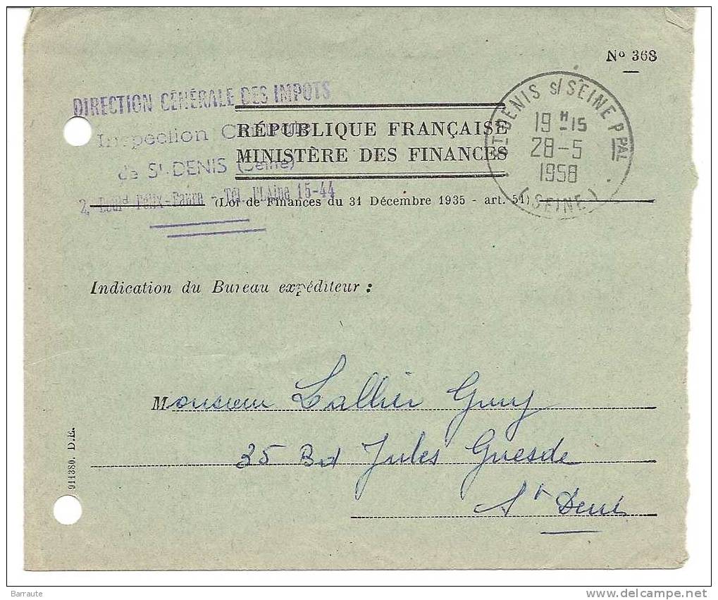 Document Ministere Des Finances De 1958 Pli Postal N° 368 En Dispense D'affranchissement. - Instructional Courses