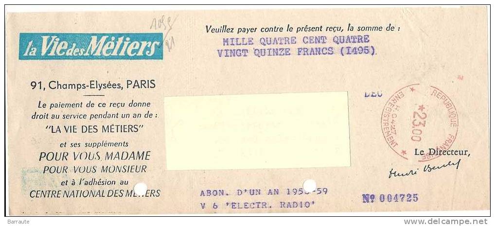 Recu Cachet Rouge Enregistrement H-O 427  23,00 " LA VIE Des METIERS" - Newspapers