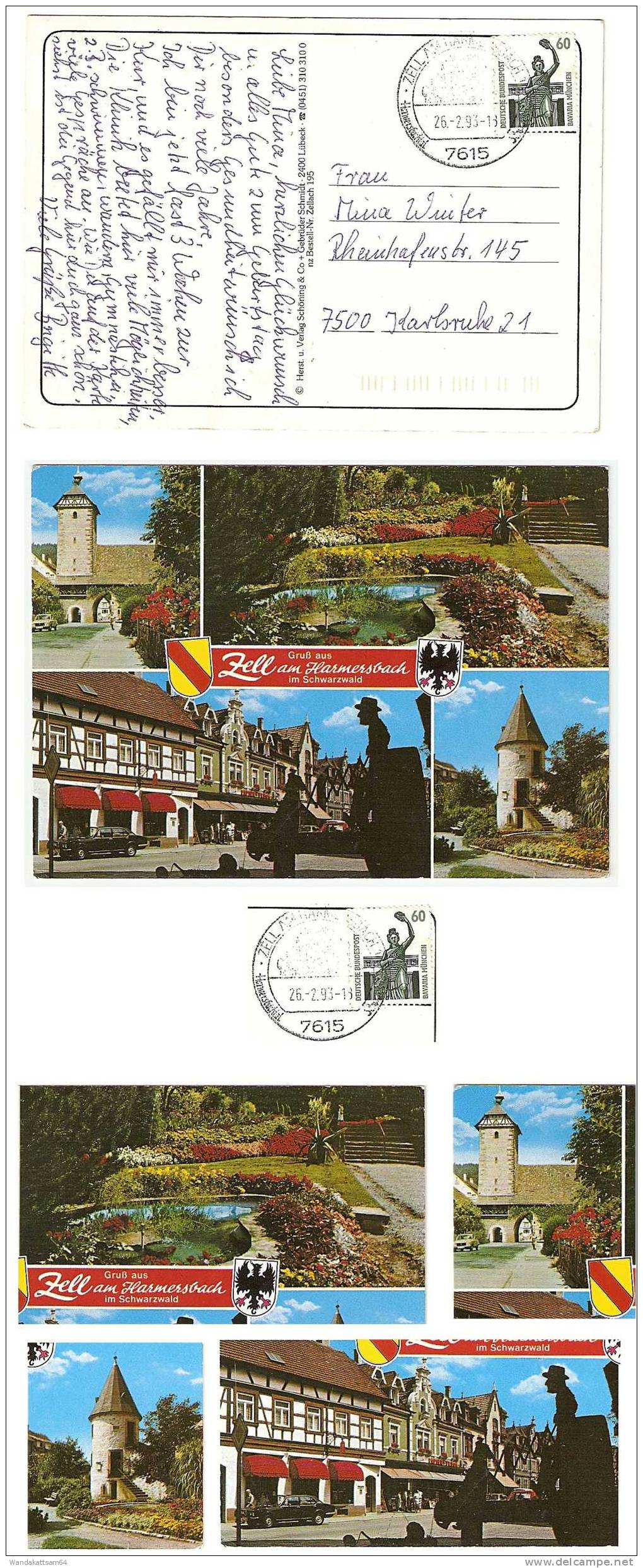 AK 195 Zell Am Harmersbach Im Schwarzwald Gruß Aus Mehrbildkarte 4 Bilder Straßenpartie Türme Parkanlage 26.2..93-18 - Haslach