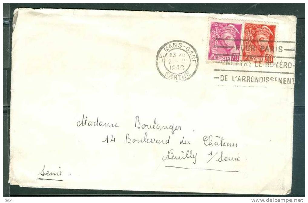 France Type Mercure Yvert N°416 + 412 Sur Lettre En 1940  Po35109 - 1938-42 Mercurio