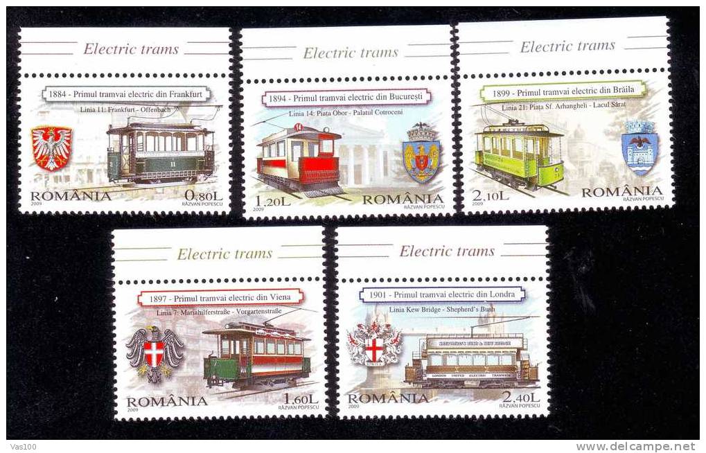 The First Tram In;Frankfurt 1884,Londra 1899,Wien1897,Braila 1899,Bucharest 1894,stamp MNH 2009 Romania. - Tranvías