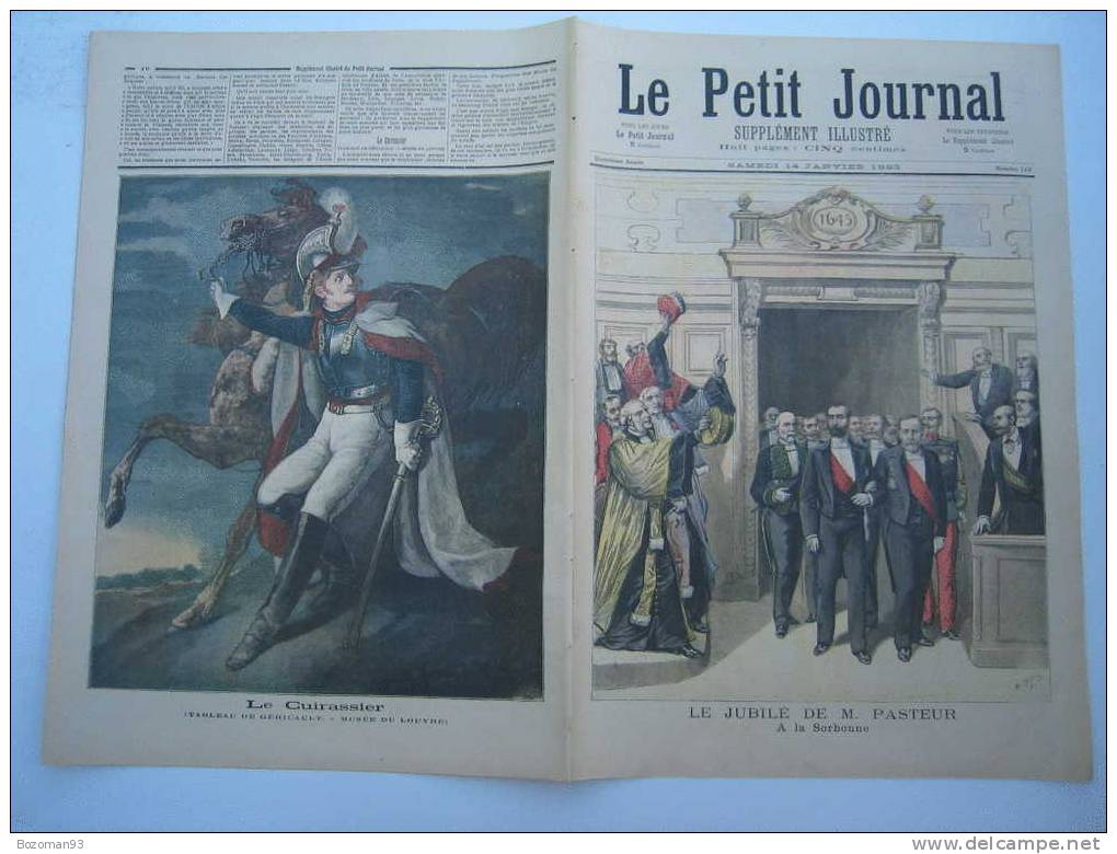 LE PETIT JOURNAL N° 0112 14/01//1893 LE JUBILE DE PASTEUR A LA SORBONNE + LE CUIRASSIER TABLEAU DE GERICAULT - Le Petit Journal