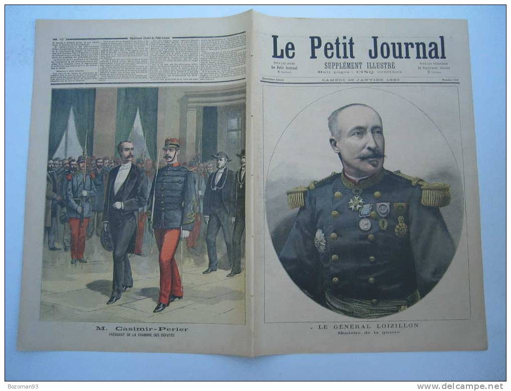 LE PETIT JOURNAL N° 0114 28/01//1893 GENERAL LOIZILLON + CASIMIR PERIER PdT DE LA CHAMBRE DES DEPUTES - Le Petit Journal