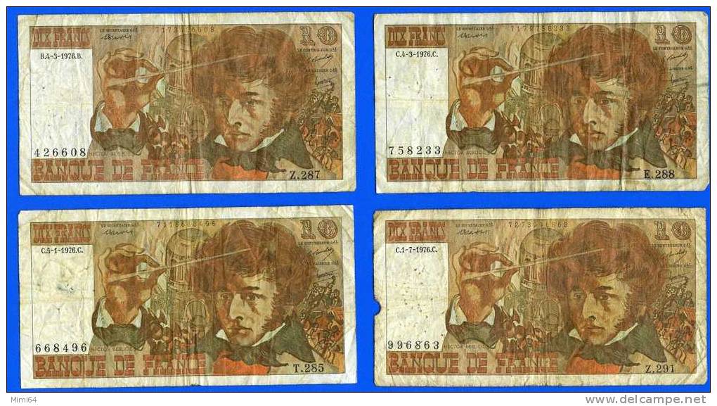 11 BILLETS DE DIX FRANCS . 10 F .  BERLIOZ. C.5-1-1976.C. A.2.-1-1976.A. B.4-3-1976.B. A.1-7-1976.A.  ETAT   VOIR SCAN - 10 F 1972-1978 ''Berlioz''